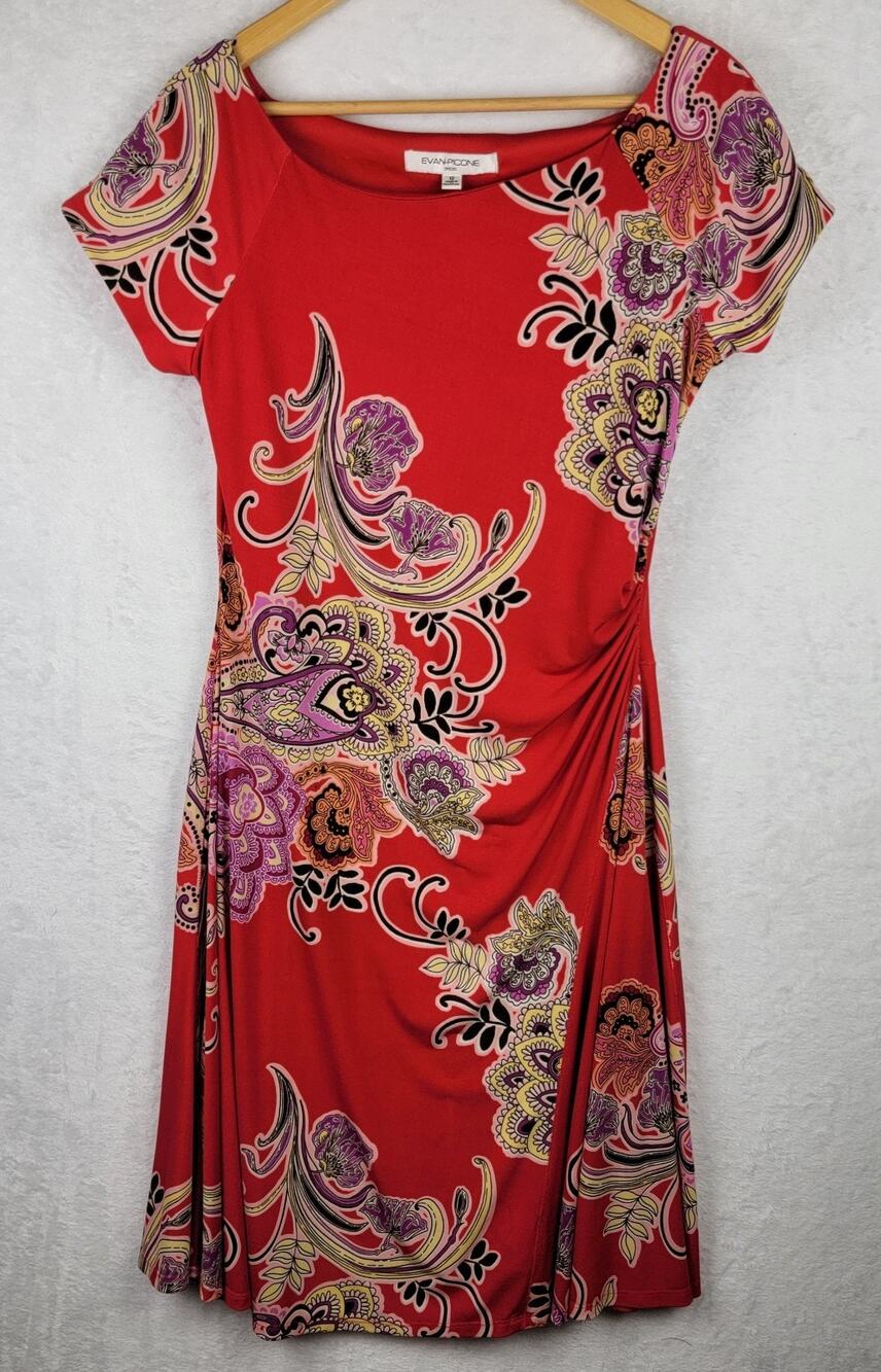 Whimsical Midi Dress 12 Short Sleeve Pullover Ruch Bohemian Red Floral Office
